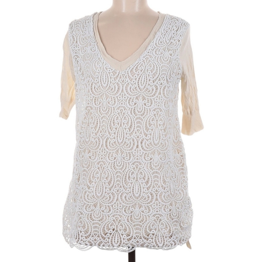 Lela Rose Wool/Silk Lightweight Sweater With White Lace Overlay Sz Medium